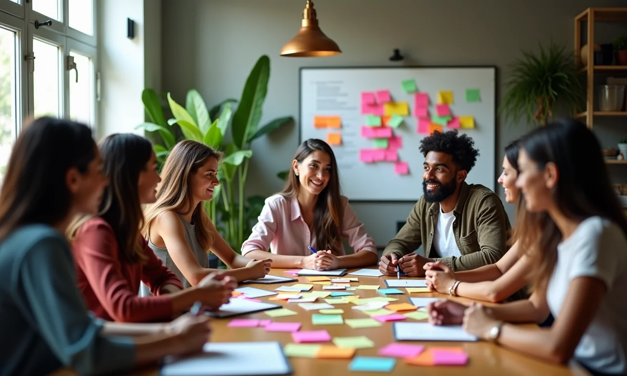 Grupo diverso de brasileiros discutindo ideias de nicho para canal do YouTube.