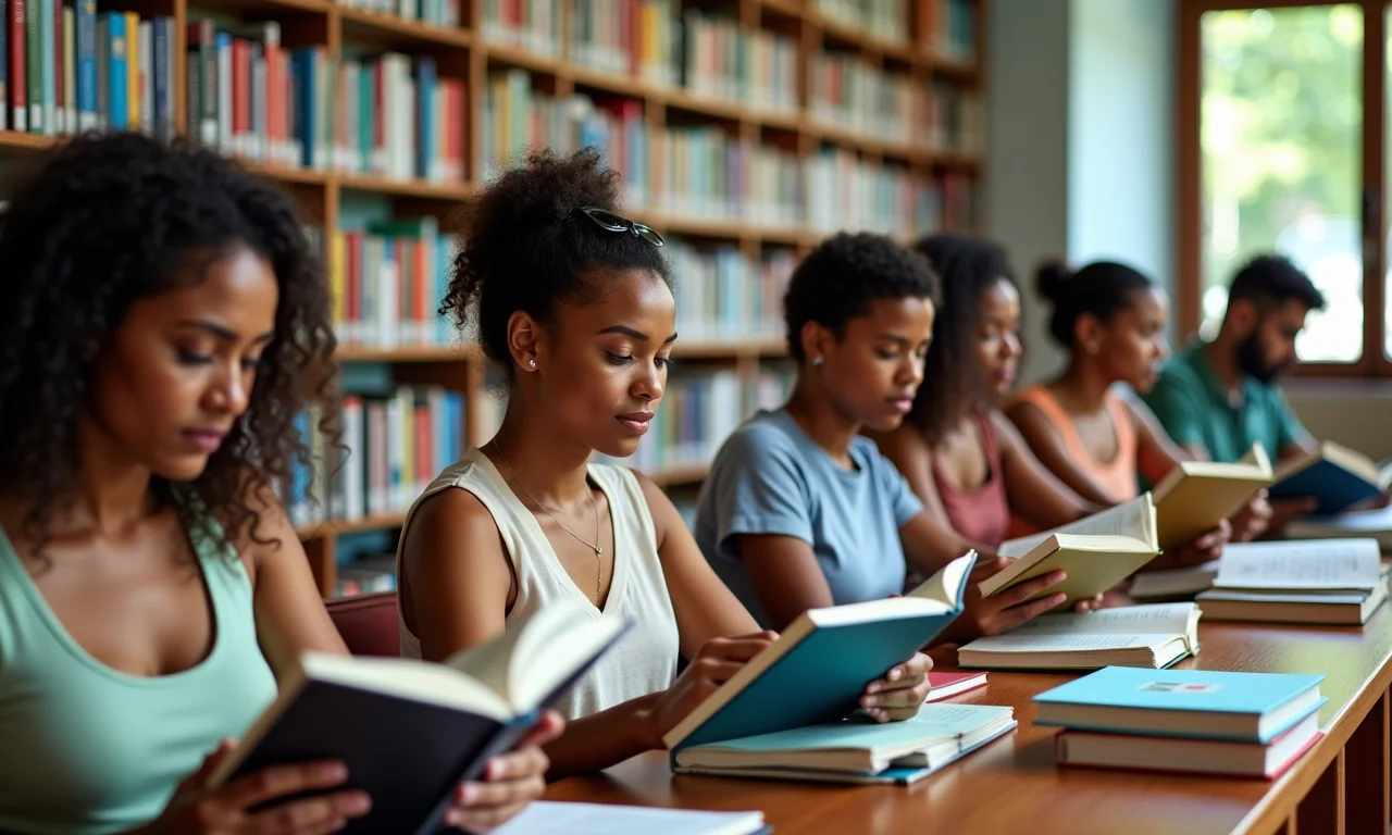 Grupo diverso de brasileiros lendo livros em biblioteca pública.