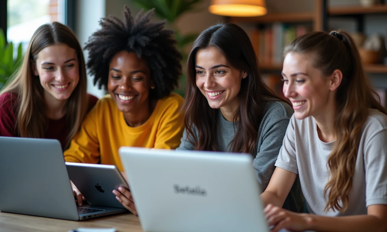 Grupo diverso de estudantes utilizando plataformas online como Descomplica para estudar.