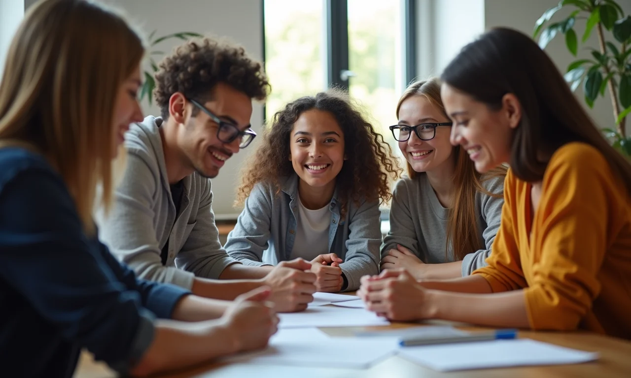 Grupo diverso de jovens participando de um workshop inclusivo, representando as oportunidades para jovens aprendizes.