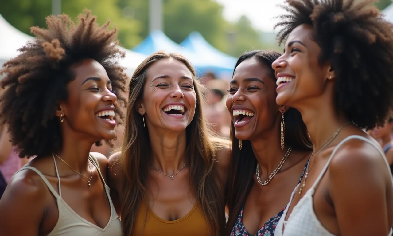 Grupo diverso de pessoas rindo e interagindo em festival, representando o desejo de interagir.