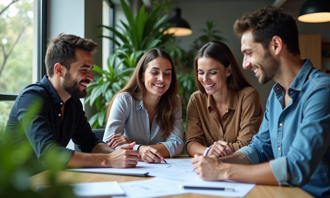 Grupo diverso de profissionais brasileiros colaborando em projeto, demonstrando liderança.