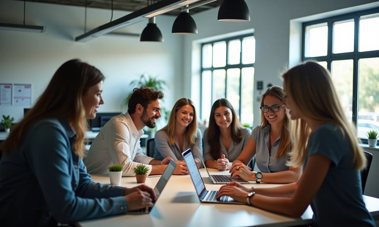 Grupo diverso de profissionais em escritório moderno, representando as diversas áreas de atuação de um tecnólogo.