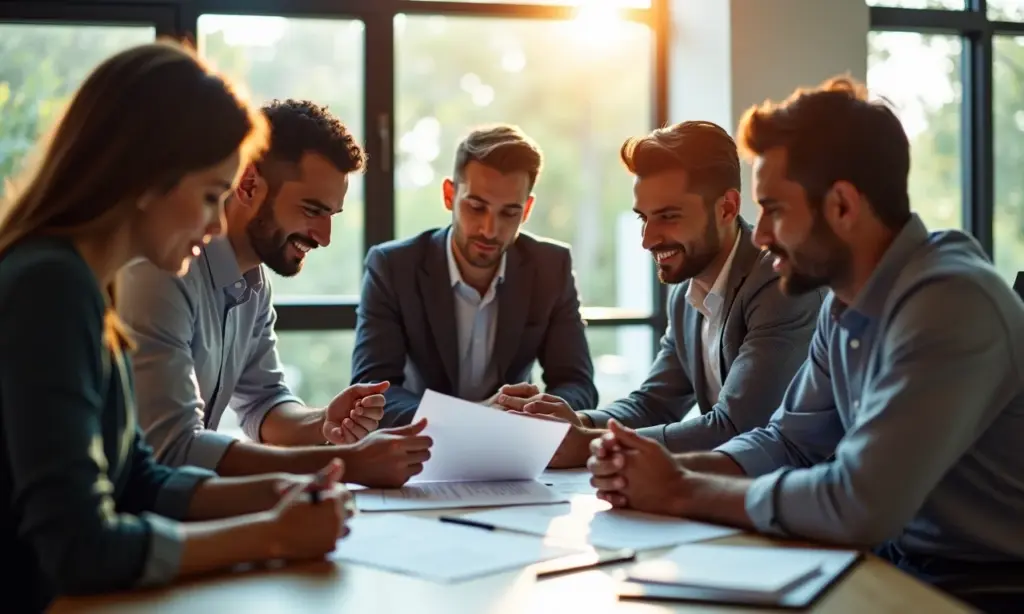 O Que Foi o Contrato de Trabalho Verde e Amarelo Grupo diverso de trabalhadores brasileiros colaborando em um escritório moderno, representando os contratos de trabalho.