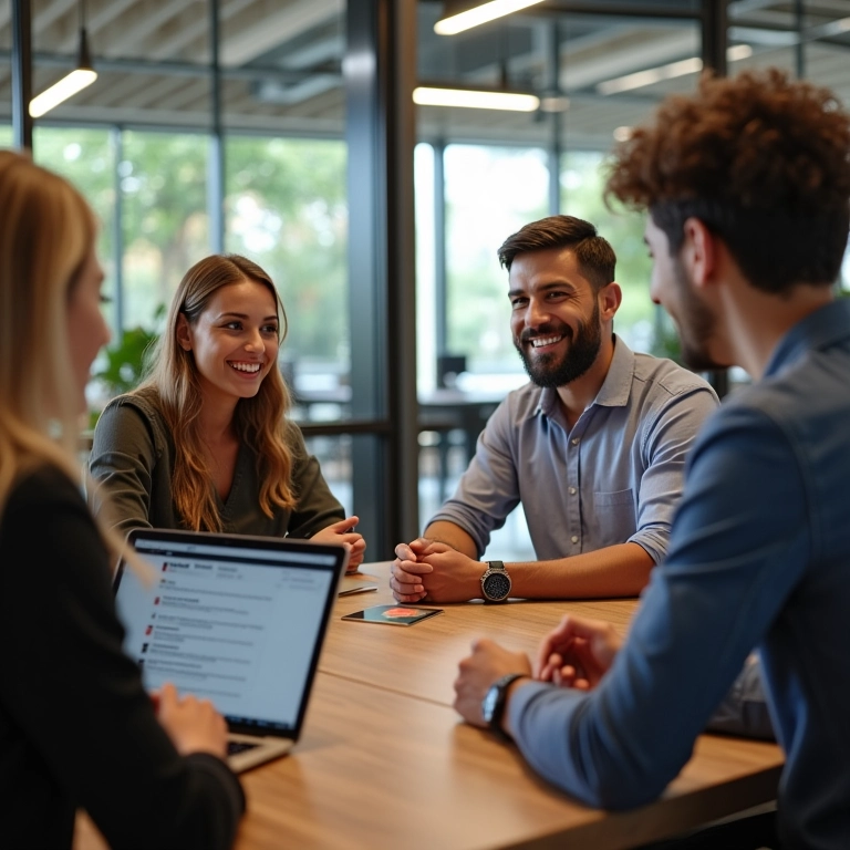 Grupo diverso de trabalhadores brasileiros discute os benefícios do eSocial em um ambiente de trabalho vibrante.