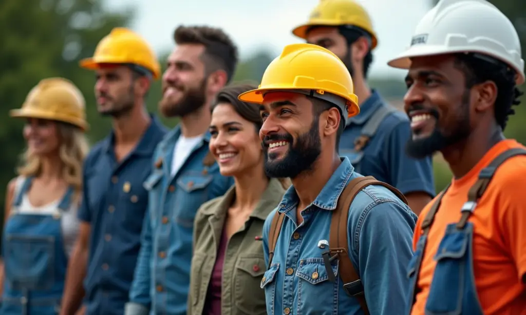 Qual a Importância do Sindicato da Sua Categoria Grupo diverso de trabalhadores brasileiros unidos, representando a força do sindicato.
