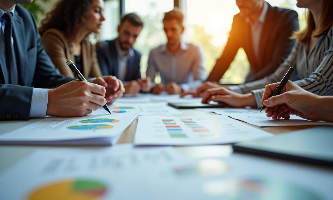 Grupo diverso discutindo resultados de pesquisa em mesa com artigos e gráficos.