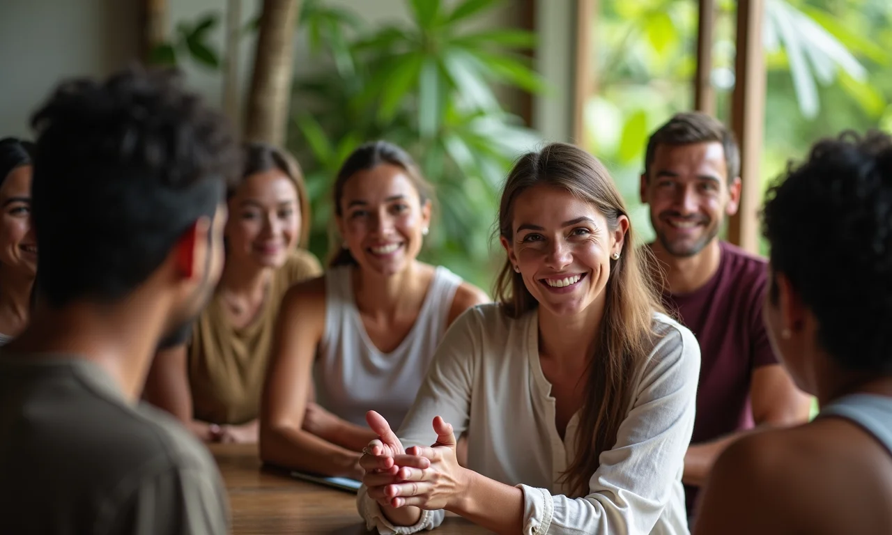 Grupo diverso participando de um workshop, facilitador guiando com compaixão.