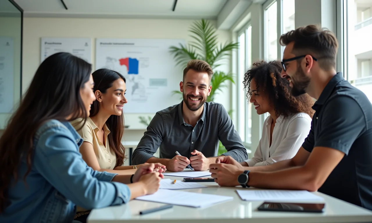 Grupo multiétnico colaborando em espaço de co-working, debatendo acordos de comércio internacional.