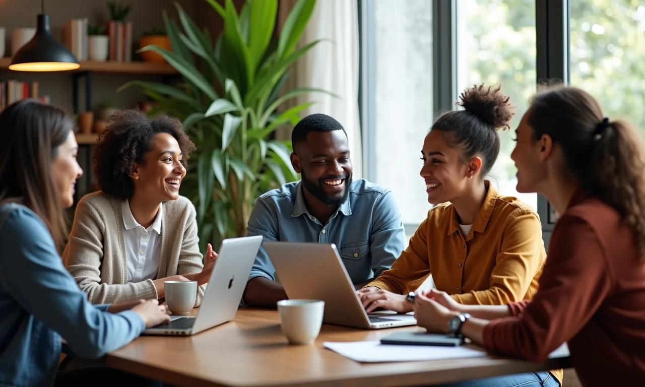 Grupo multiétnico debatendo teologia em espaço de coworking moderno.