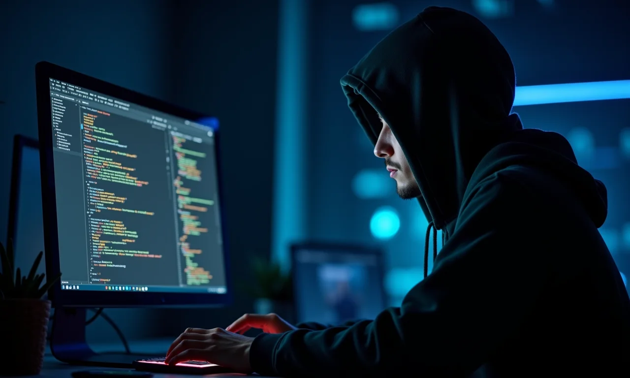 Hacker ético trabalhando em um computador, analisando códigos em um ambiente de alta tecnologia.