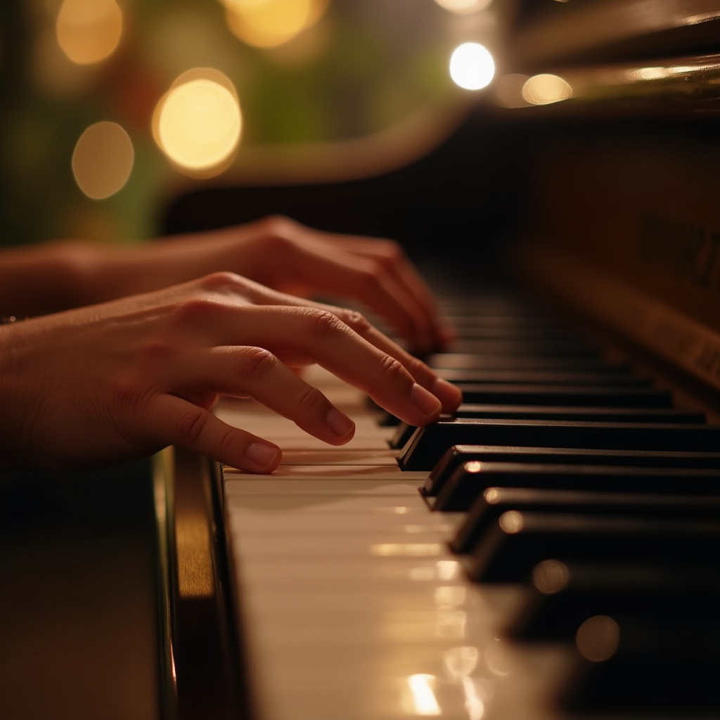 Mãos tocando piano com paixão.