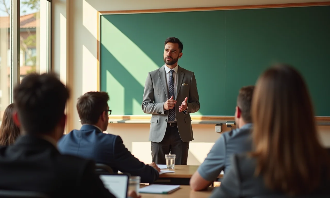 Historiador brasileiro dando palestra em sala de aula moderna.
