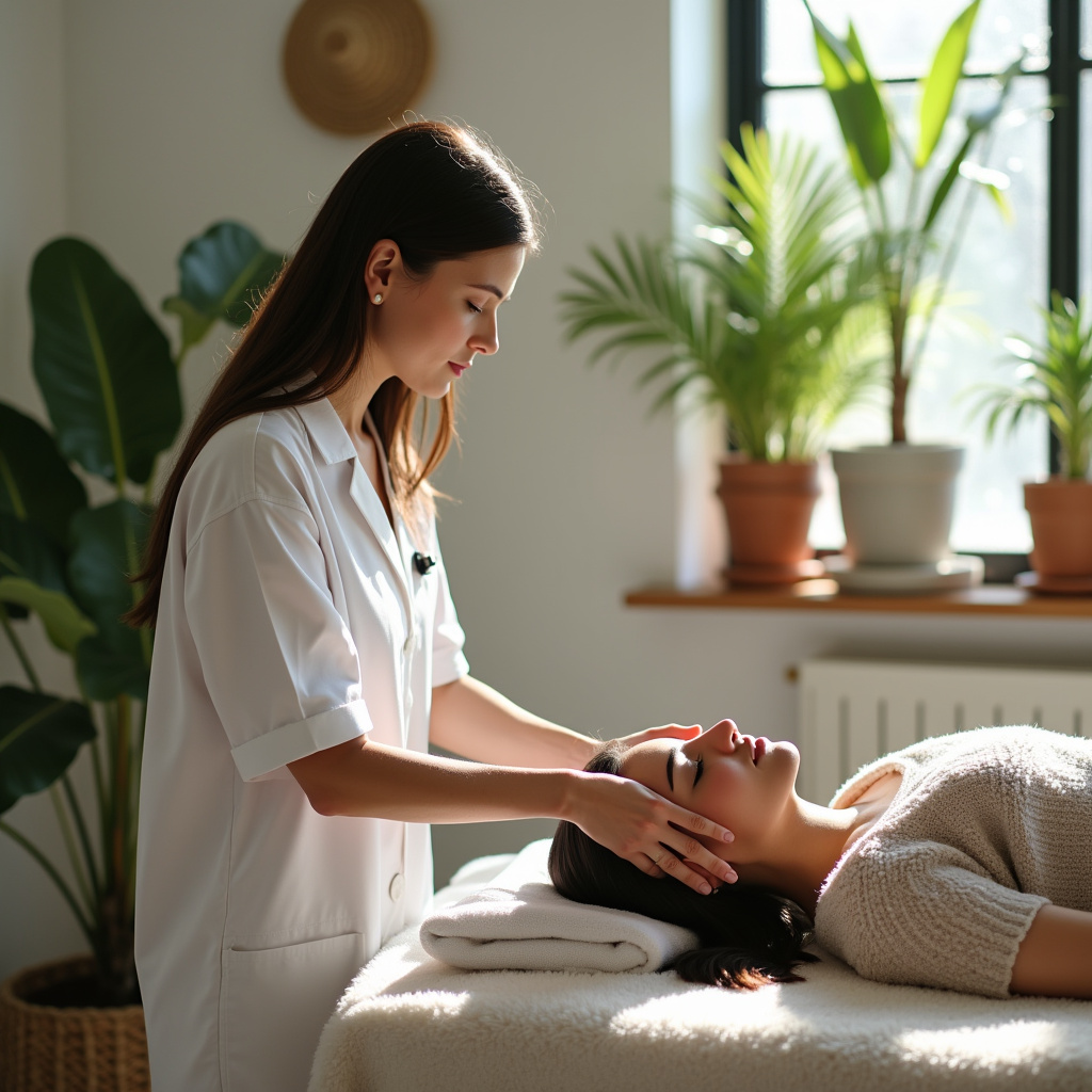 Terapeuta holístico auxiliando paciente em consultório acolhedor.