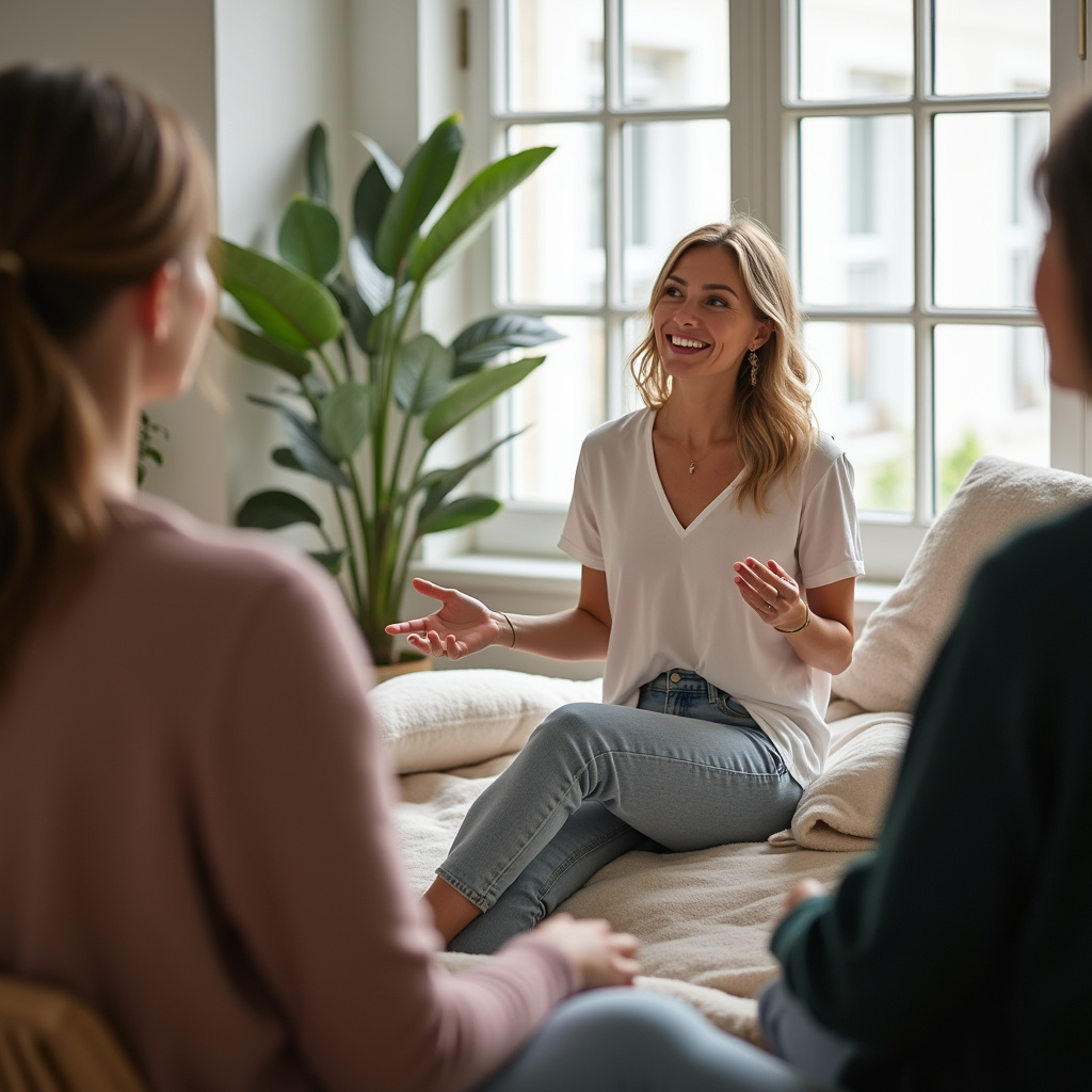 Terapeuta holístico apresentando workshop sobre bem-estar.