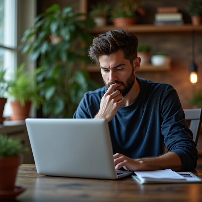 Homem analisando resultados de teste vocacional online.