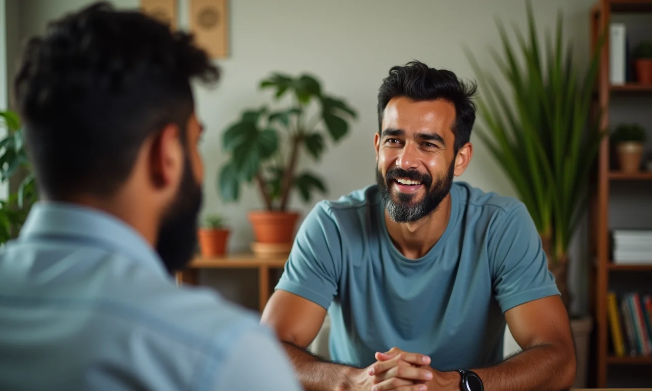 Homem brasileiro em terapia, discutindo a relação entre depressão e trabalho.