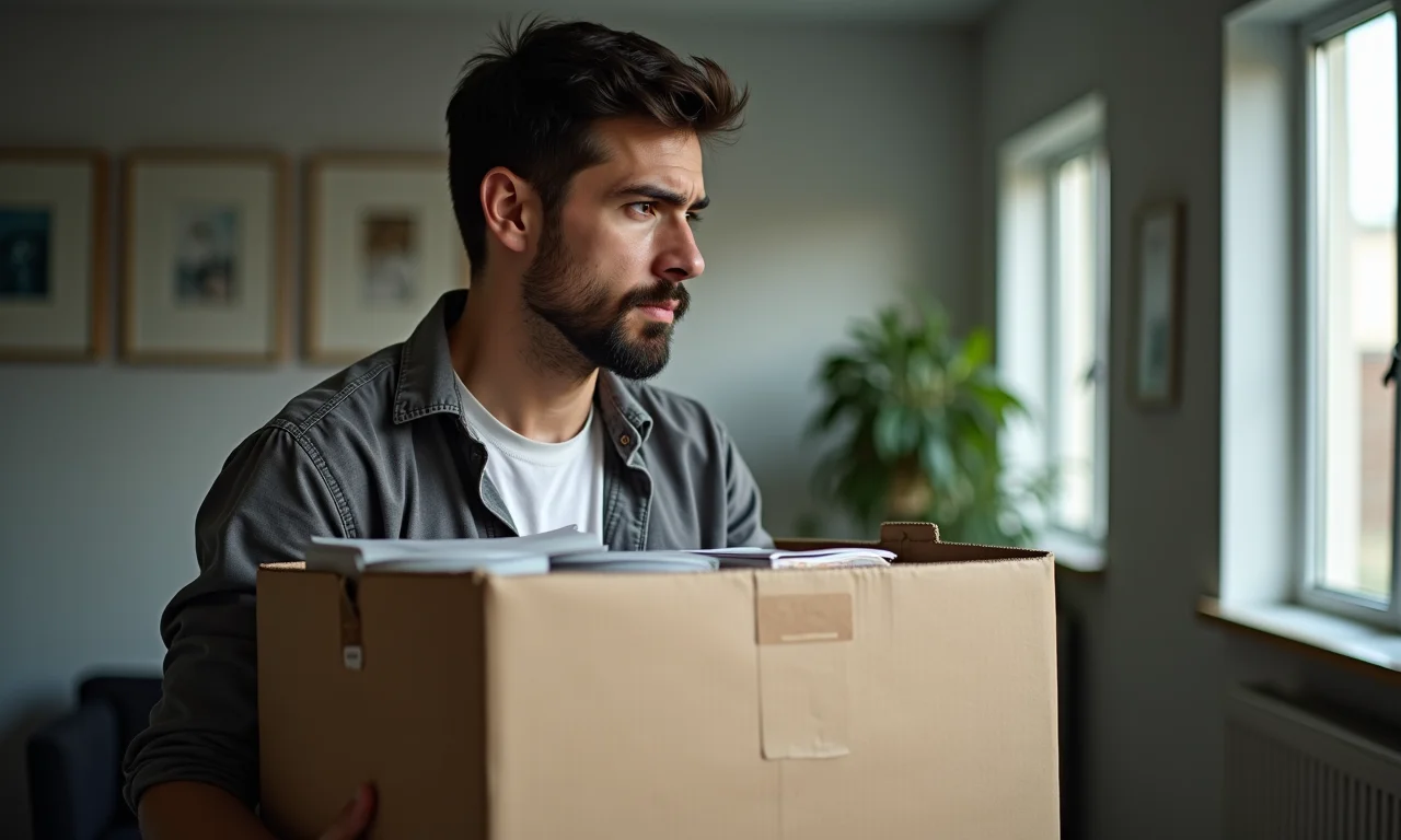 Homem brasileiro embala seus pertences após demissão por justa causa.