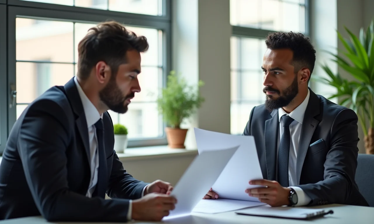 Homem brasileiro revisando documentos de rescisão contratual com advogado em escritório bem iluminado.