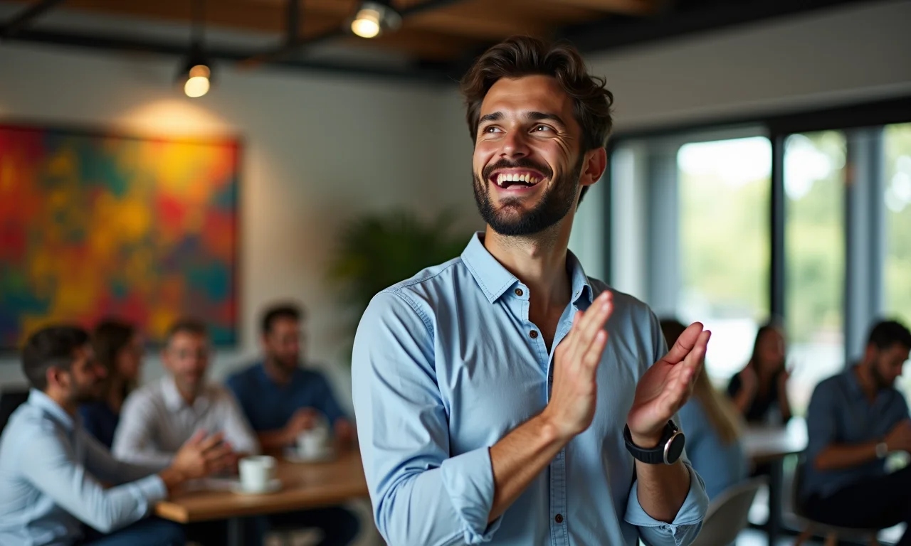 Homem brasileiro sendo aplaudido após apresentação de sucesso, superando expectativas.