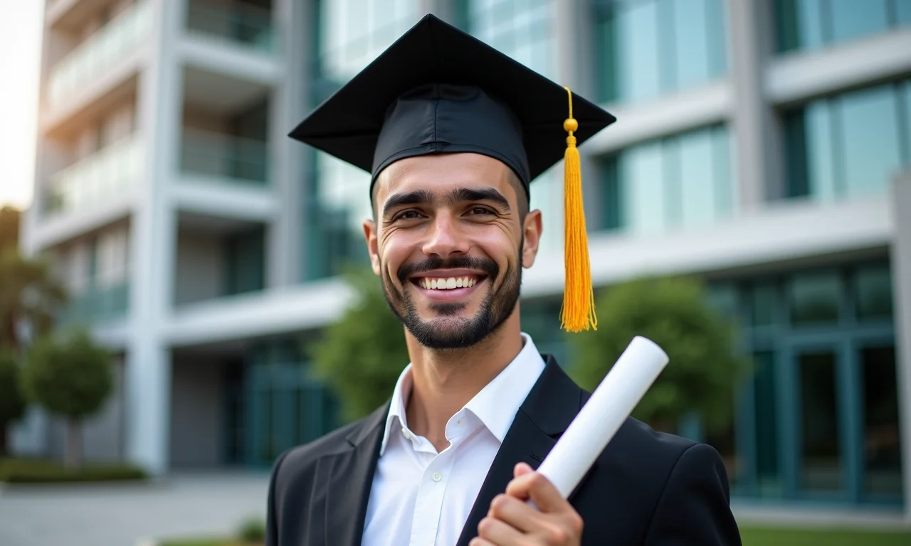 Homem brasileiro sorrindo, segurando diploma após concluir curso tecnólogo.