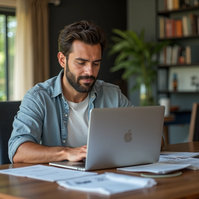 Homem brasileiro usando um laptop para solicitar a renegociação do FIES em um apartamento moderno.