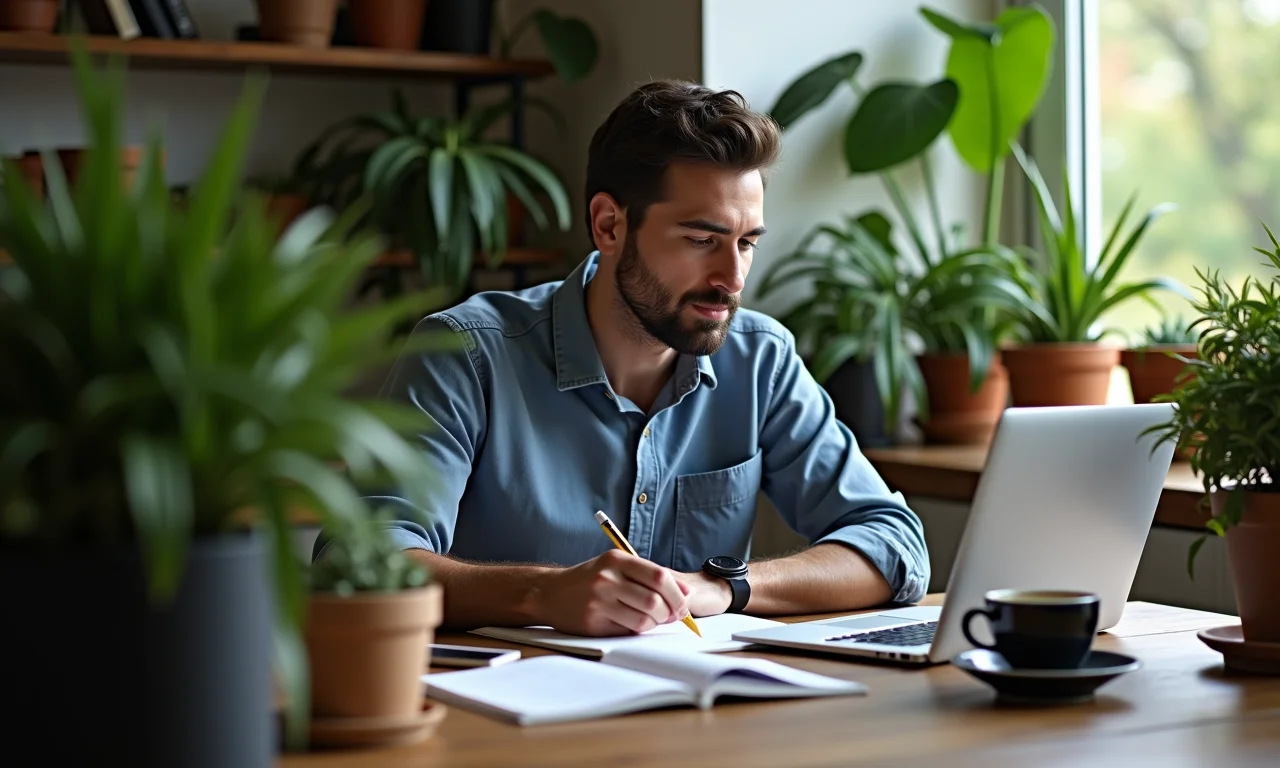 Homem concentrado em curso edX em casa, cercado por plantas.