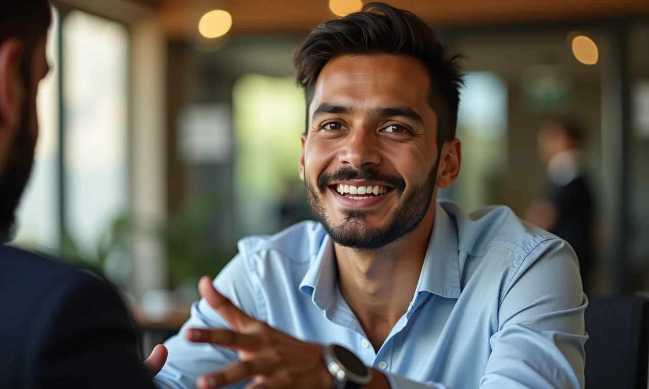 Homem destacando suas habilidades em entrevista de emprego.