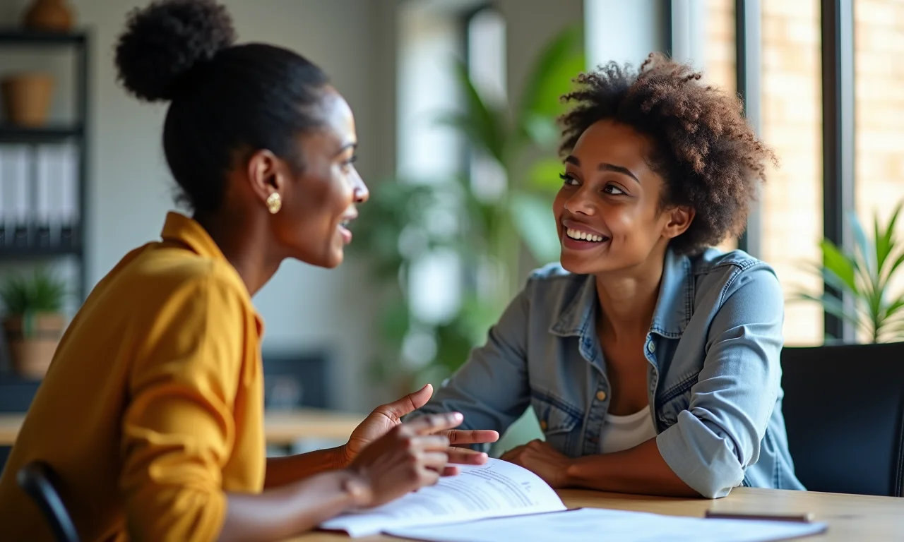Homem e mulher brasileiros negociam salário e benefícios em ambiente de trabalho moderno.