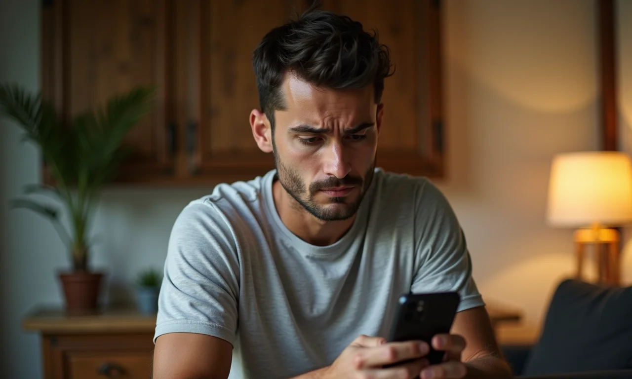 Homem preocupado olhando para o smartphone.