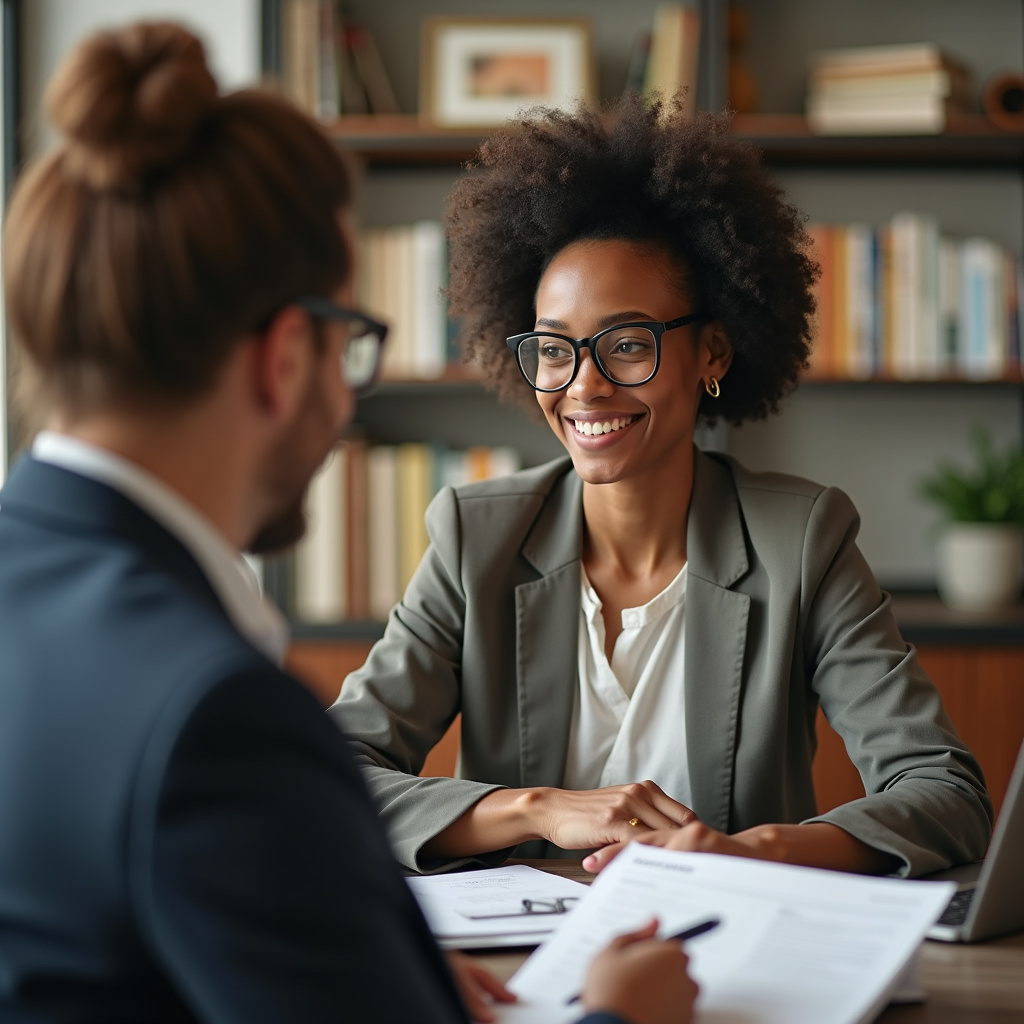 Hyper-realistic photo of a bank interior with a diverse business owner in her 30s discussing Empresária buscando financiamento para abrir loja de móveis de cozinha.