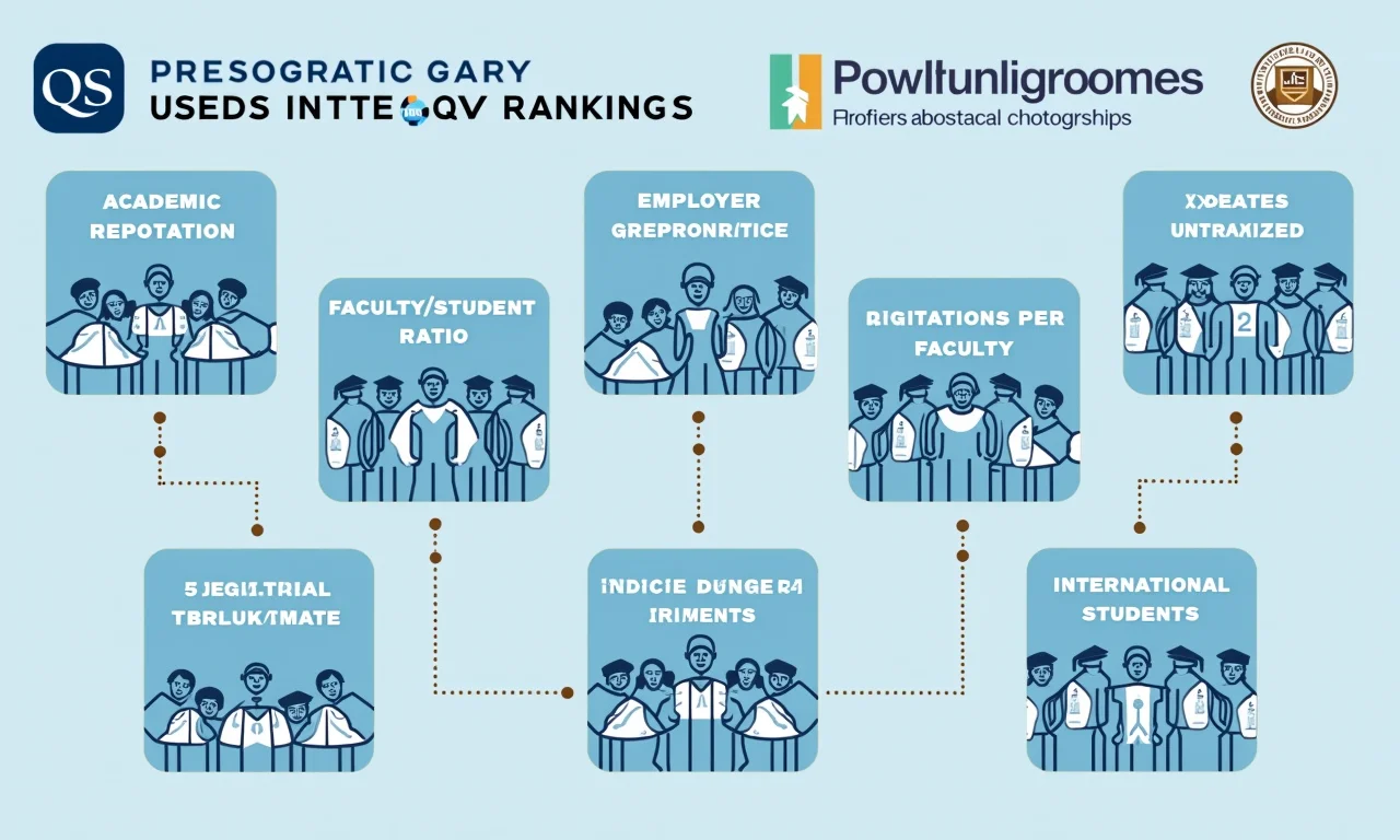 Infográfico mostrando os critérios de avaliação do QS Ranking: reputação acadêmica, empregabilidade, proporção professor/aluno, etc.