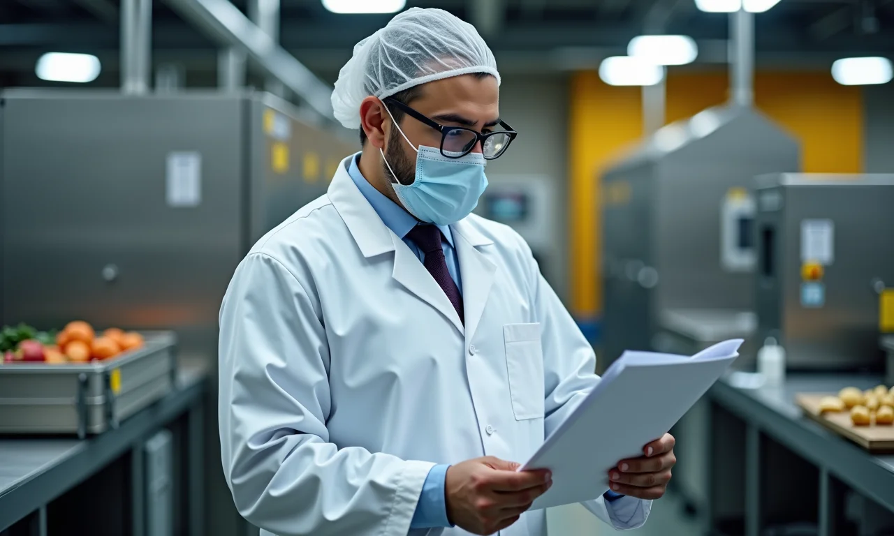 Inspetor de segurança alimentar em inspeção em fábrica de alimentos.
