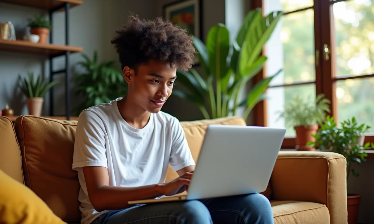 Jovem adulto pesquisando testes vocacionais online em um ambiente acolhedor e com decoração brasileira.
