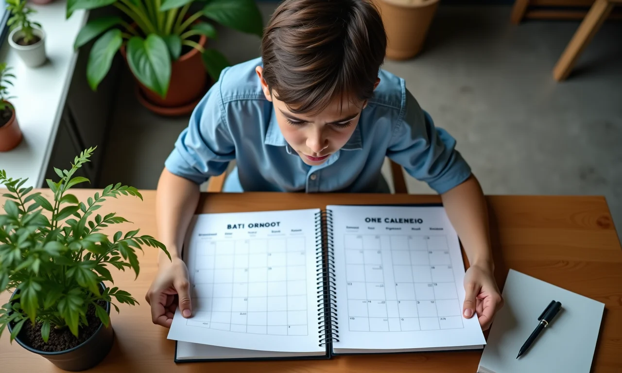 Jovem aprendiz confuso com calendários de trabalho e escola.