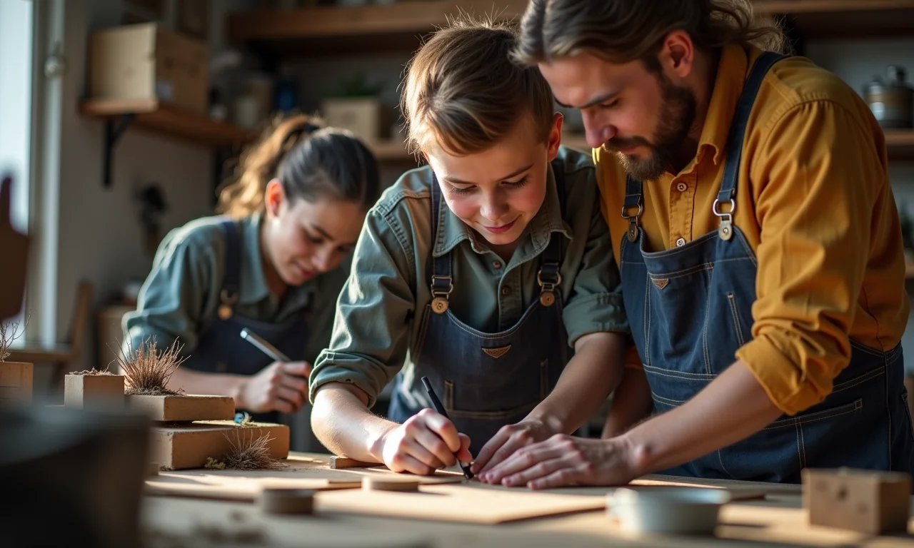 Jovem aprendiz recebendo orientação de um mentor em um ambiente de oficina.