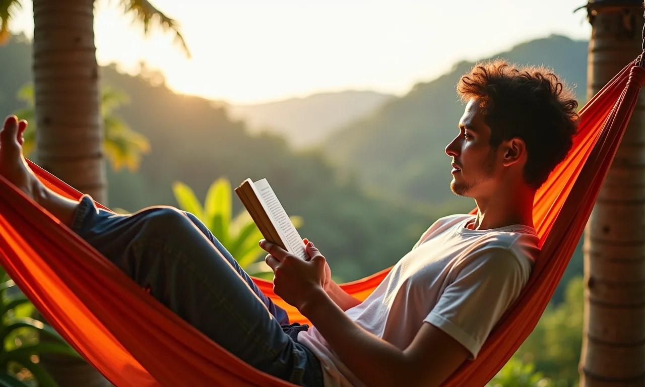 Jovem aprendiz relaxando em uma rede durante as férias.