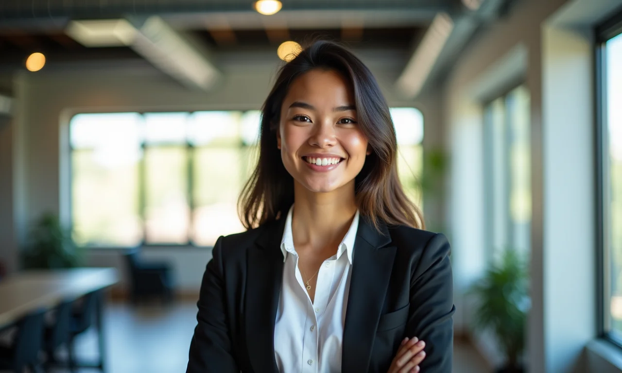 Jovem aprendiz sorrindo confiante em seu ambiente de trabalho.