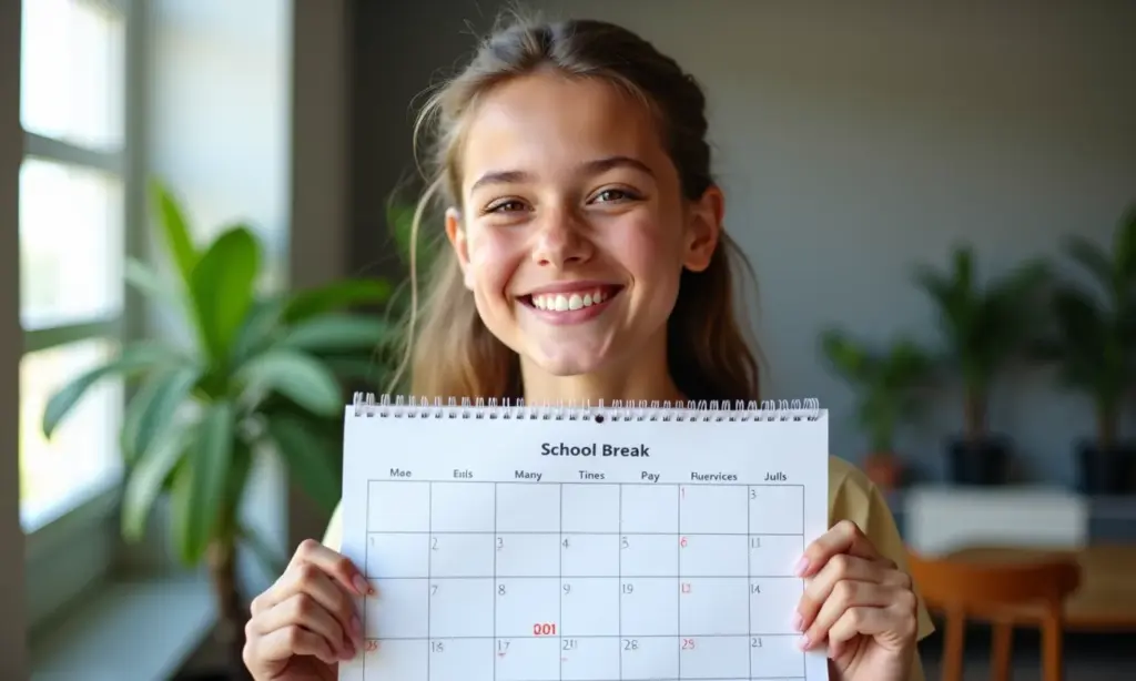 Jovem aprendiz sorrindo, marcando férias escolares no calendário.