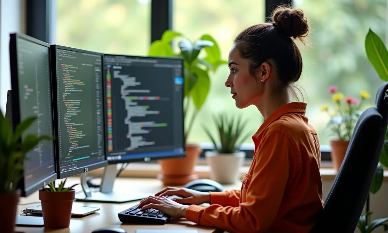 Jovem brasileira focada em programação em seu escritório em casa.