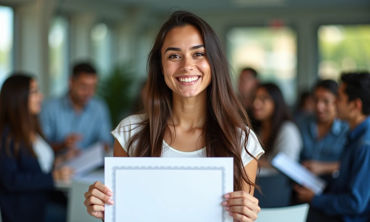 Jovem brasileira recebe certificado de horas complementares em evento universitário.