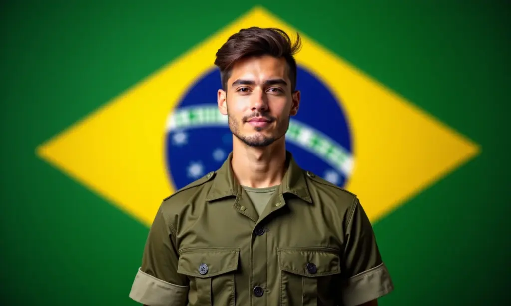 Jovem brasileiro vestindo uniforme militar em frente à bandeira do Brasil.