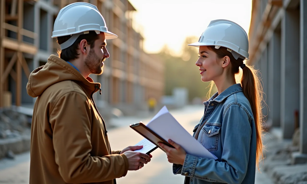 Jovem conversa com arquiteto em uma obra sobre carreira.