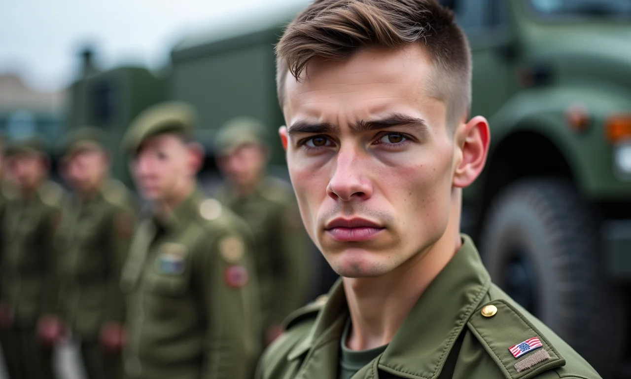 Jovem de uniforme militar com olhar determinado.