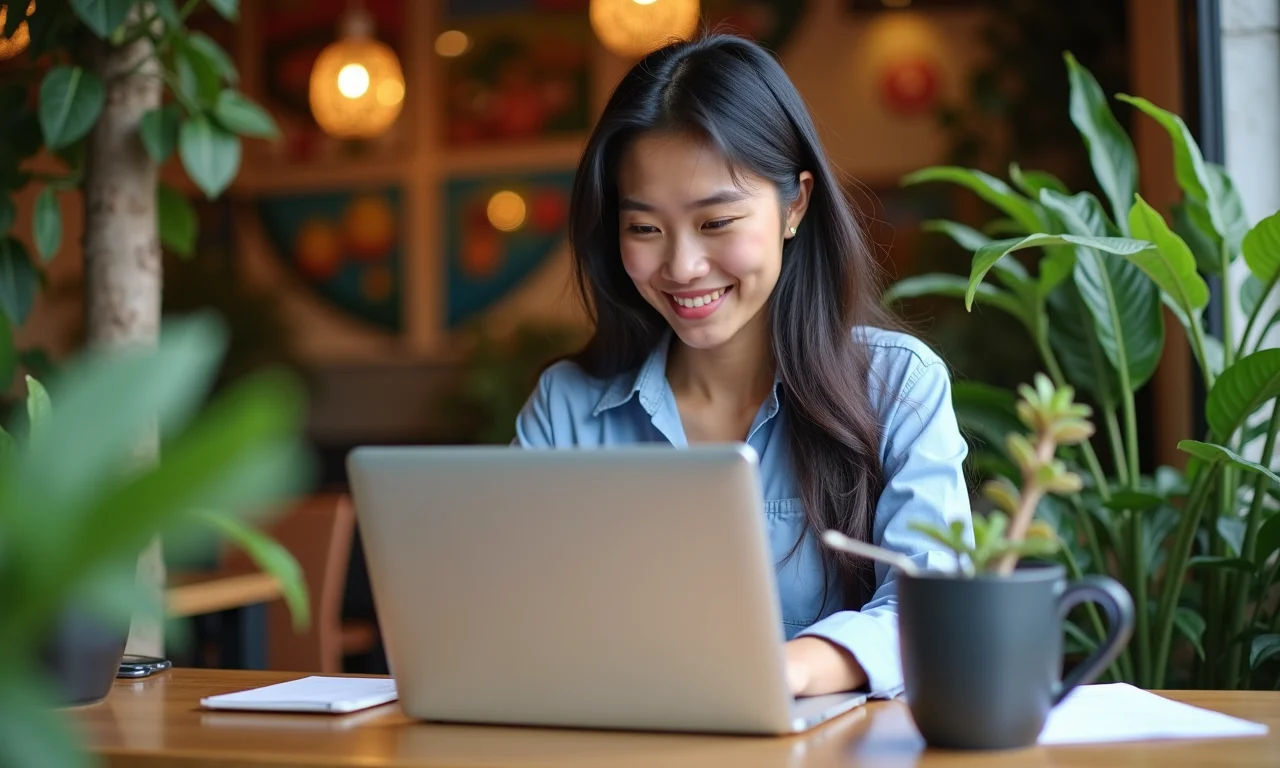 Jovem empresária pesquisando sobre a empresa em laptop, num café com decoração brasileira.