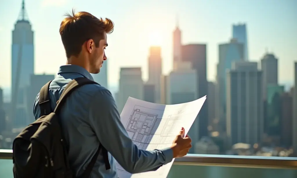 Teste Vocacional Para Engenharia Civil Construa Seu Futuro Jovem engenheiro civil analisa planta com horizonte urbano ao fundo.