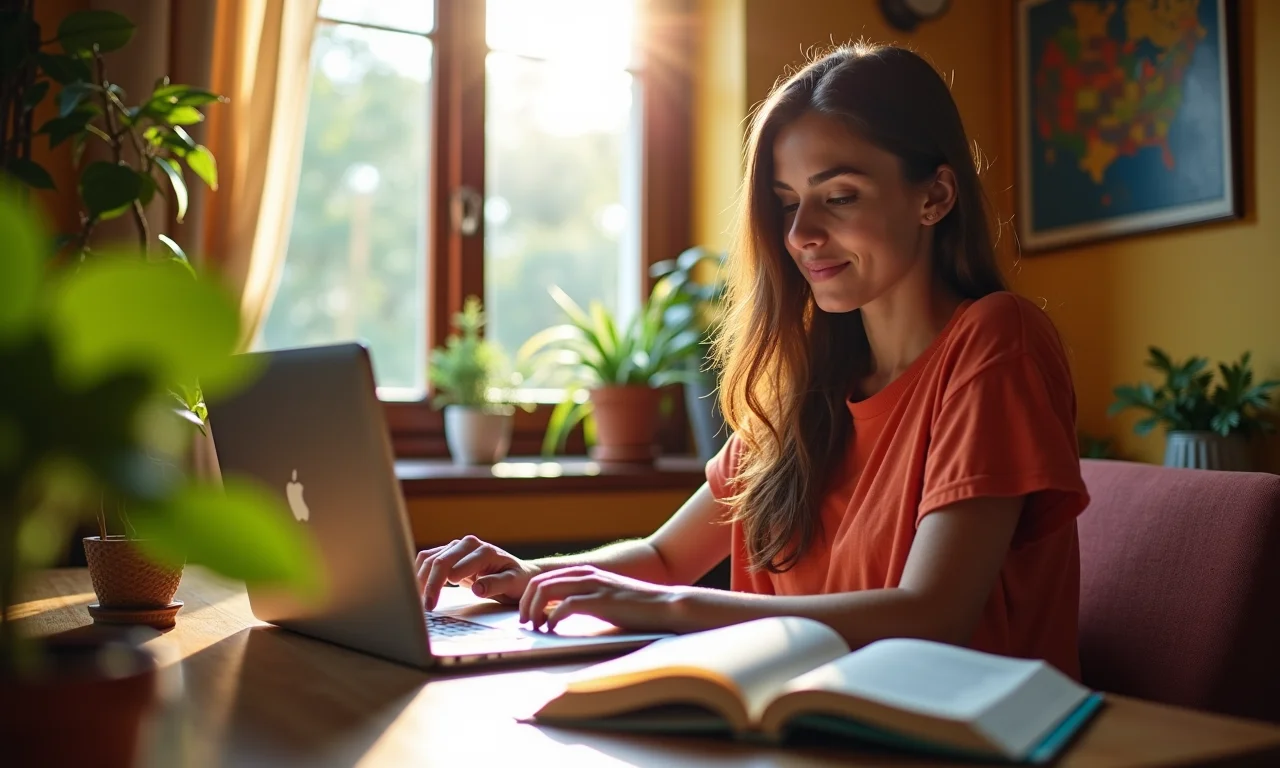 Jovem estudando em apartamento aconchegante.
