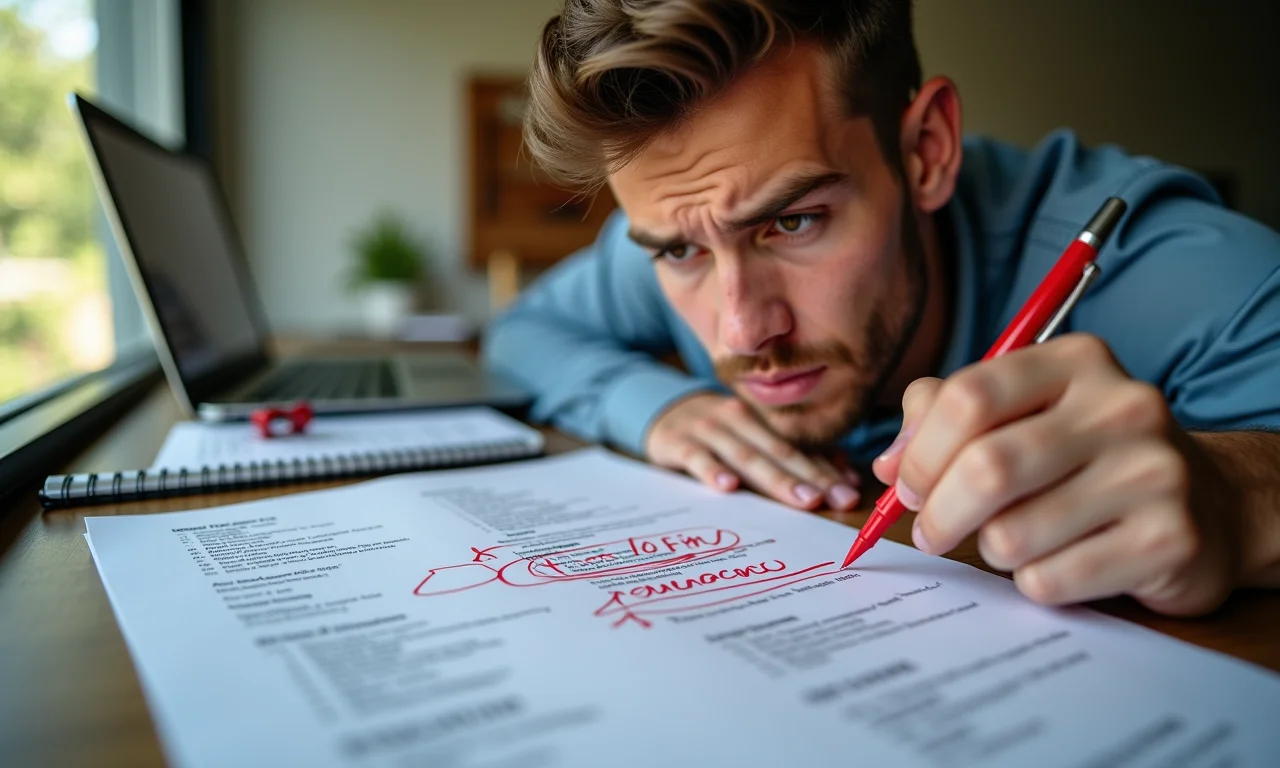 Jovem frustrado riscando clichês em um currículo.