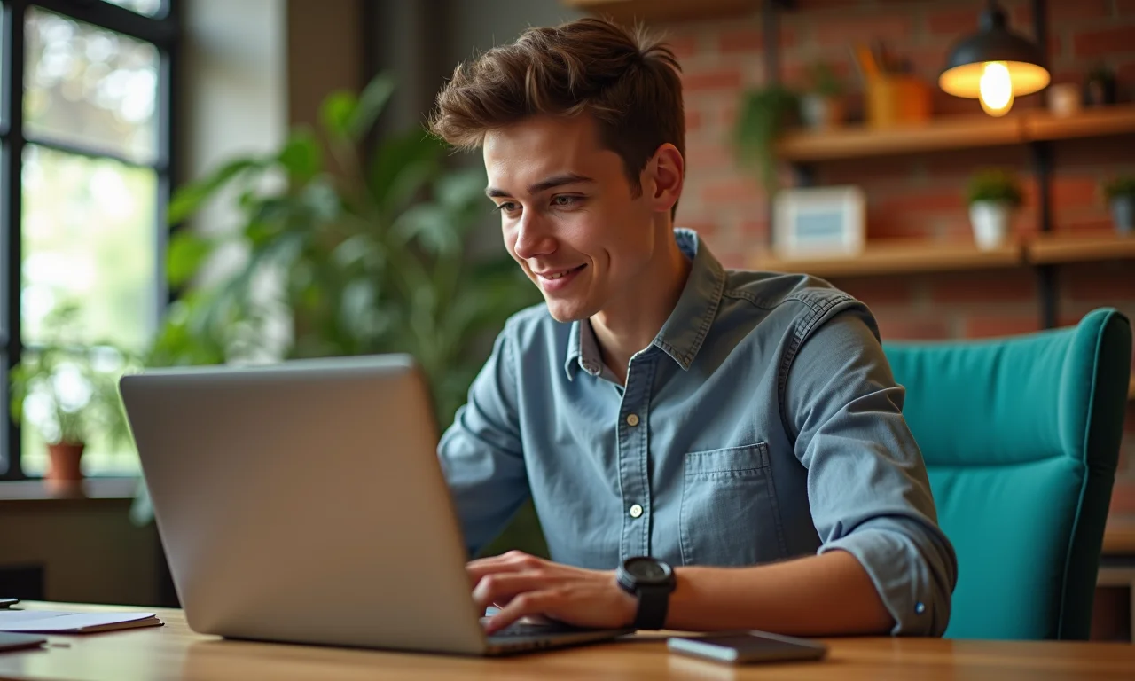 Jovem gestor de mídias sociais trabalhando em escritório vibrante, demonstrando experiência.
