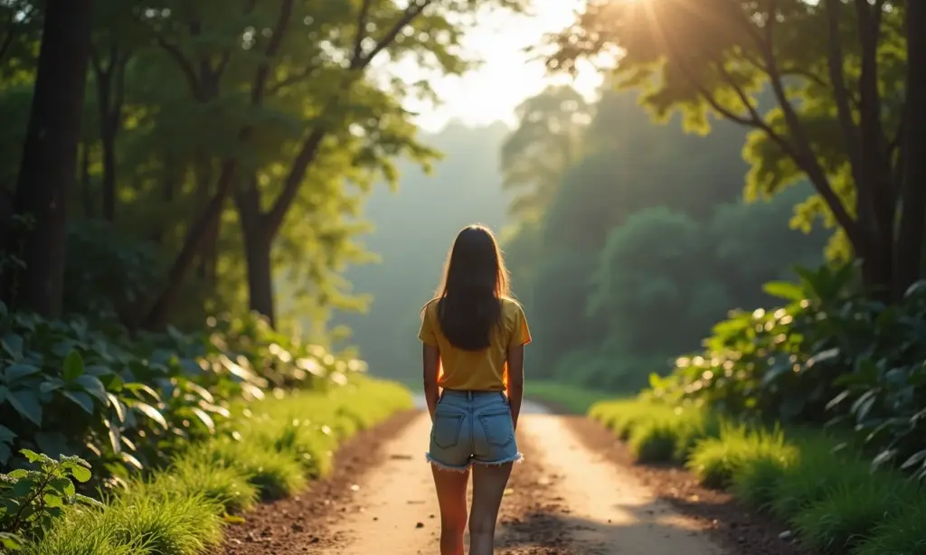 Orientação Profissional Para Jovens Indecisos Clareie Suas Ideias Jovem indecisa em encruzilhada na floresta, representando escolhas de carreira.